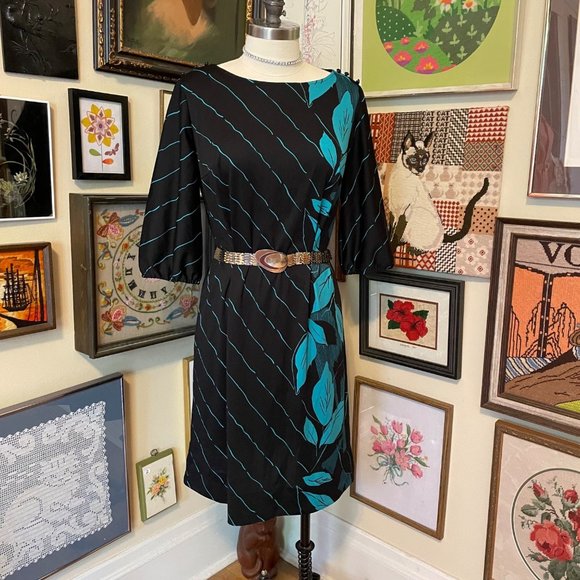 80s Vintage Black Midi Sheath Dress with Blue Green Leaves and Cropped Sleeves - Picture 1 of 7
